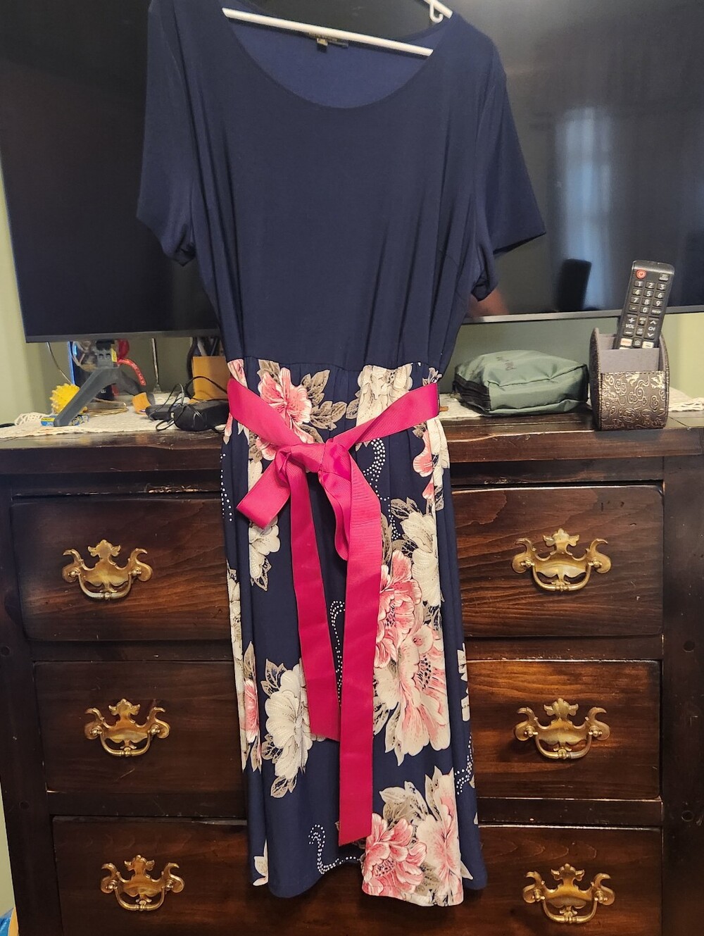 Navy And Pink Floral Midi Dress with A Pink Ribbon